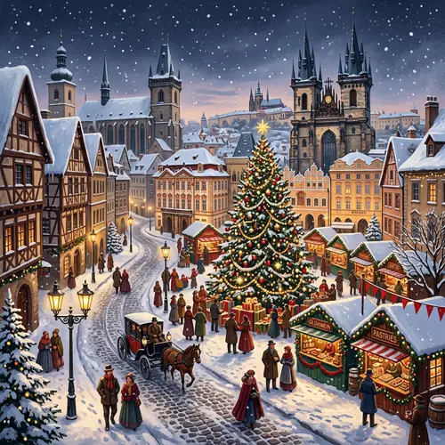 Snow-Laced Winter Town Illustration: Prague-Inspired Festive Scene