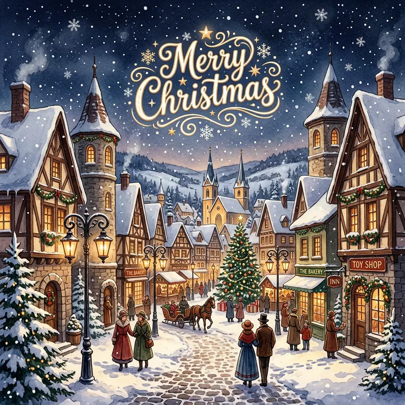 Prague Inspired Vintage Christmas Town Scene - Merry Christmas Greetings