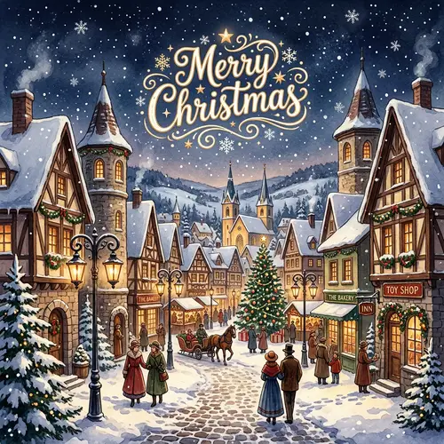 Vintage Christmas Town Illustration with 'Merry Christmas'