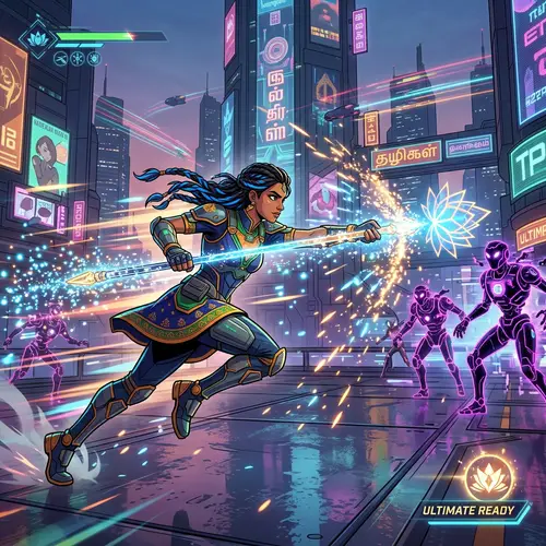 Epic South Asian Female Hero in Futuristic Game Battle