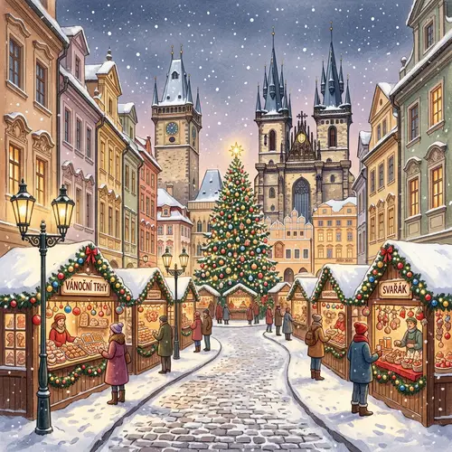 Winter Wonderland Postcard: Snow-Covered Antique Town & Christmas Market