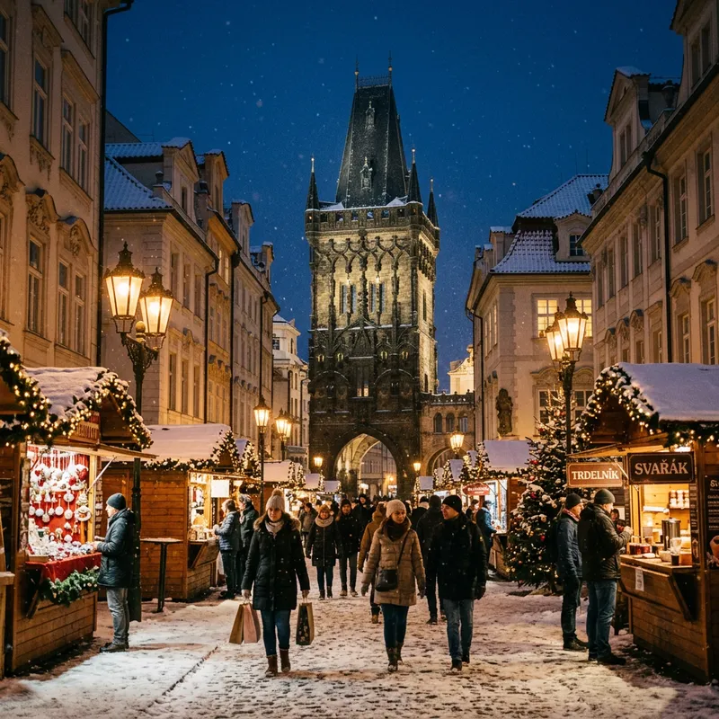 Enchanting Winter Scene in Prague: Vintage Christmas Market Magic