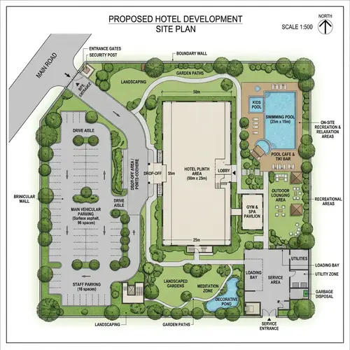 Hotel Siteplan Design with Parking & Relaxation Areas