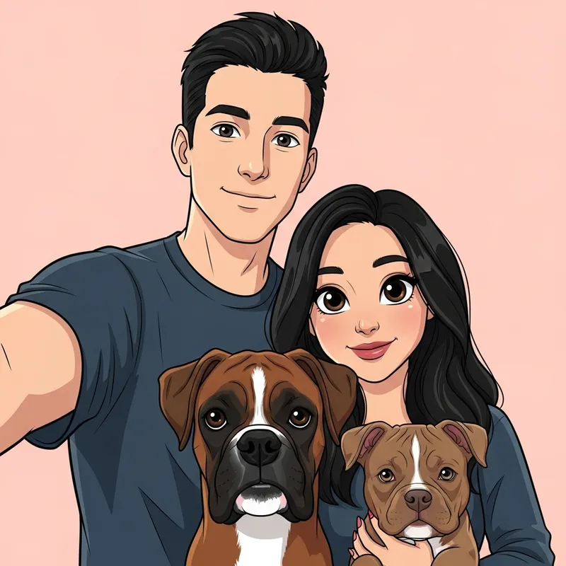 Cartoon Selfie of a Happy Couple with Dogs