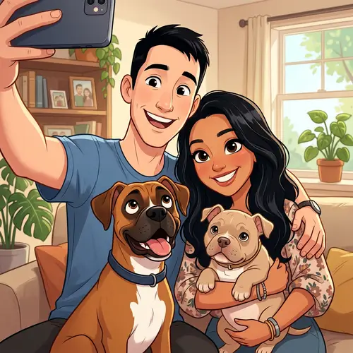 Cartoon Selfie of a Happy Couple with Dogs