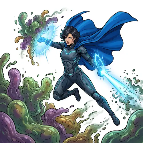 Androgynous Superhero Battles Formless Bacteria on Transparent Background