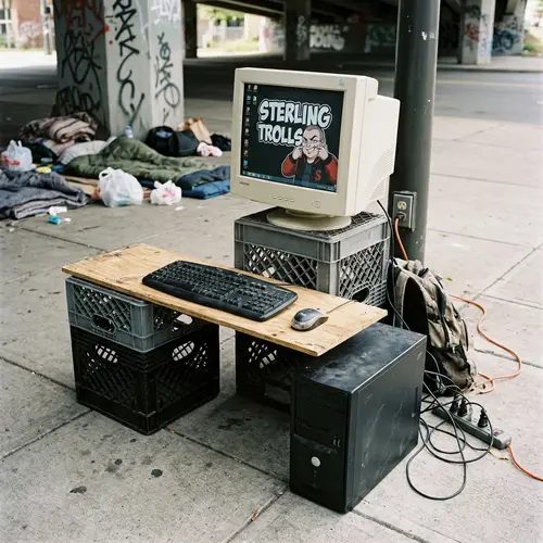 Homeless PC Setup with Sterling Troll Wallpaper