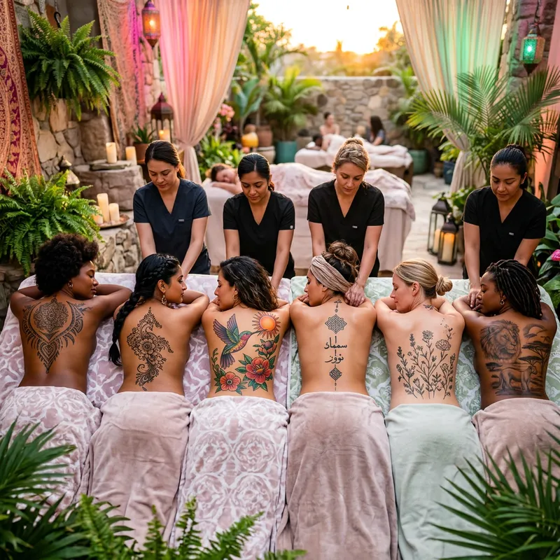 Serenity: Diverse Women with Intricate Back Tattoos | Wellness-Inspired Serenity: Diverse Women with Intricate Back Tattoos | Wellness-Inspired