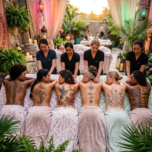 Diverse Women Relaxing with Intricate Back Tattoos | Wellness-Inspired