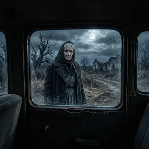 Eerie Haunted Scene: Spooky Lady by Vintage Car