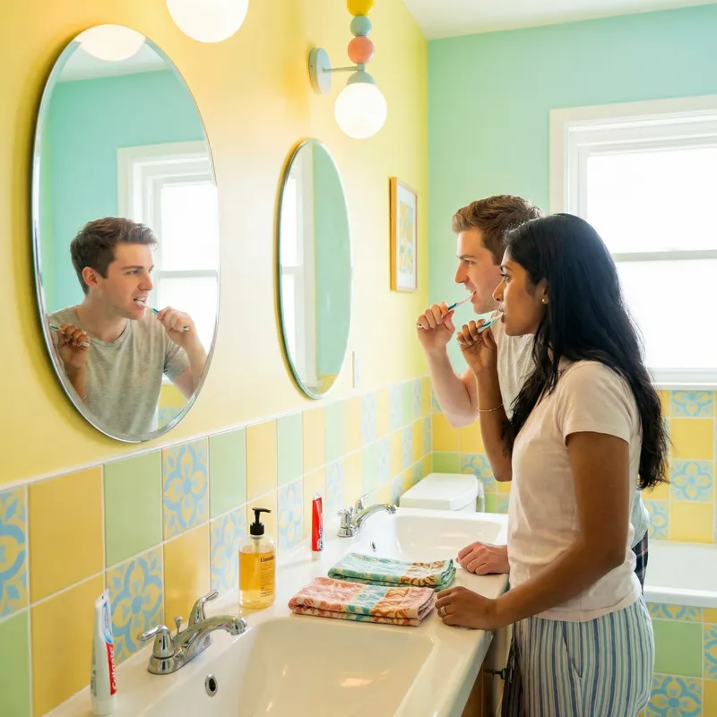 Vibrant Bathroom Toothbrushing Scene | Hygiene Routine Illustration