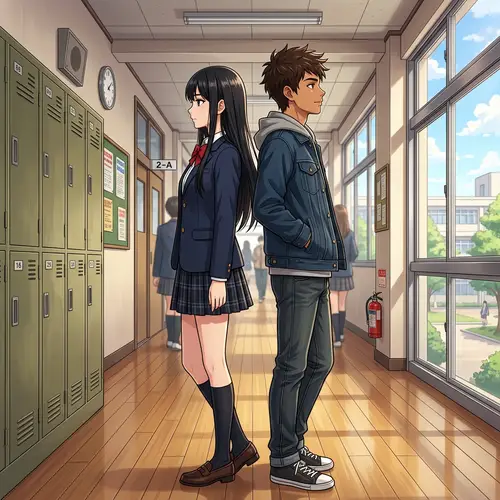 Anime Boy and Girl Back to Back in School Setting