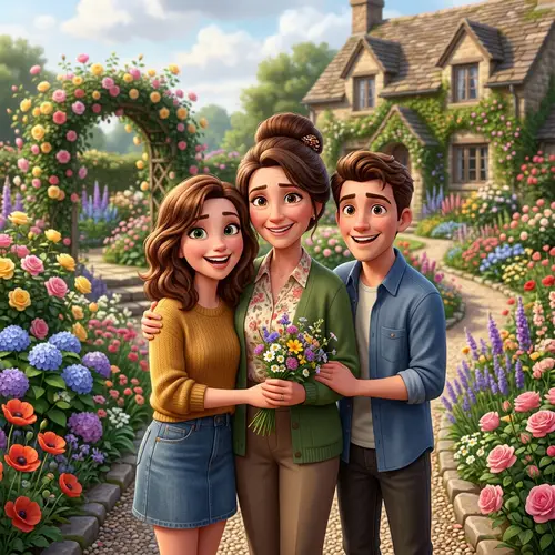 Modern Animated Style: Mother with Brown Hair & Eyes, Kids in Flower Garden