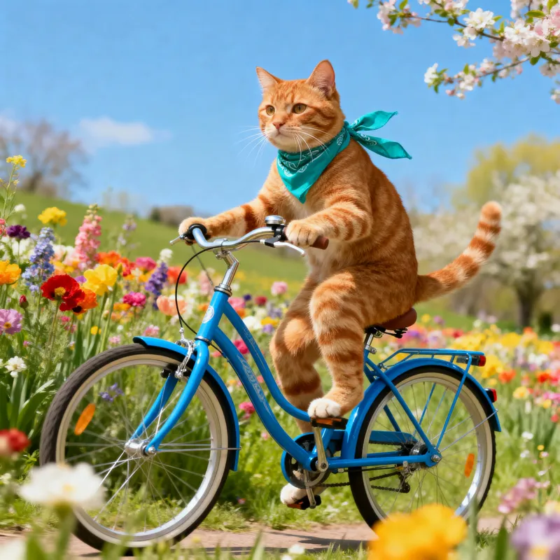 Cute Cat Riding a Bicycle in a Spring Meadow