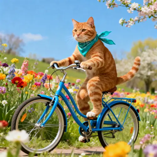 Cute Cat Riding a Bicycle in a Spring Meadow