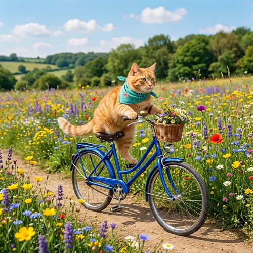 Cute Cat Riding a Bicycle in a Spring Meadow