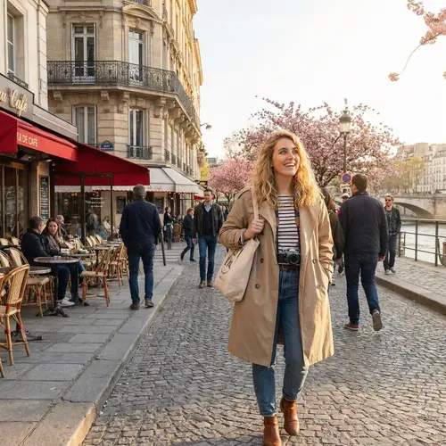 Blond-Haired Girl Enjoying Parisian Spring: City Life and Architecture