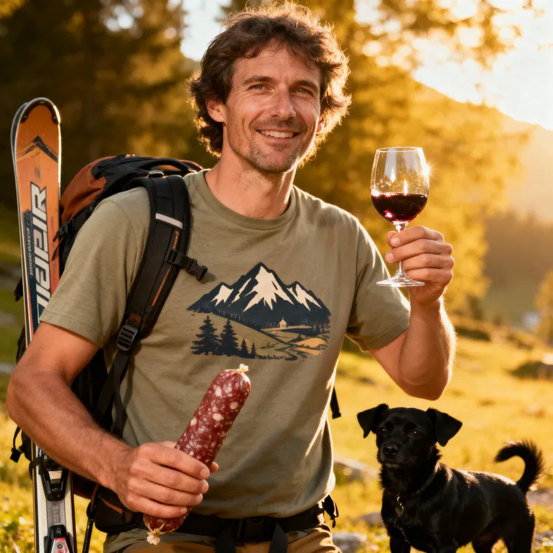 Adventure Portrait: Skier with Wine and Dog