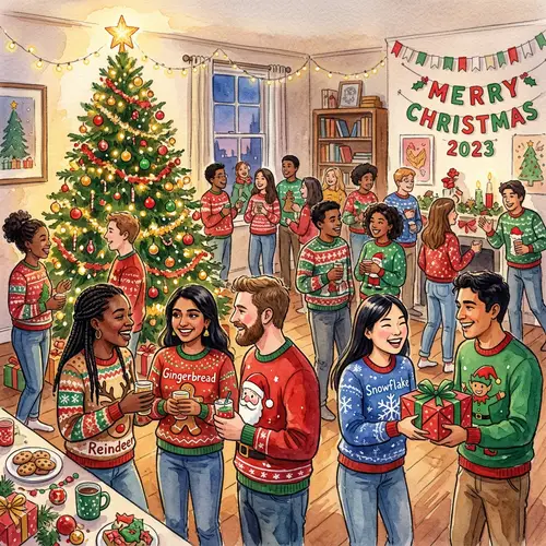 Christmas Party Watercolor Painting of Diverse Students