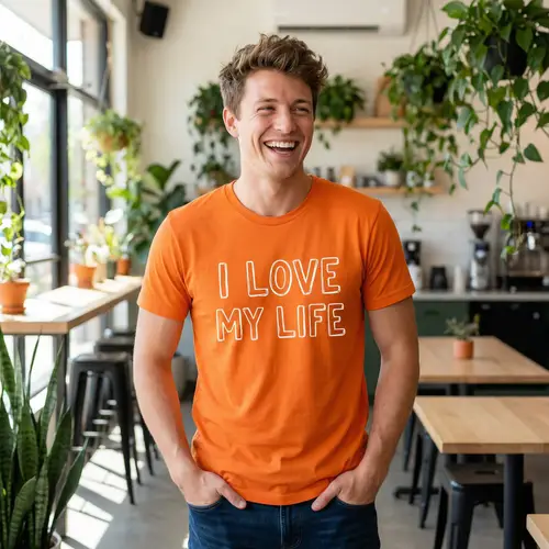 Happy Young Man in 'I Love My Life' T-shirt
