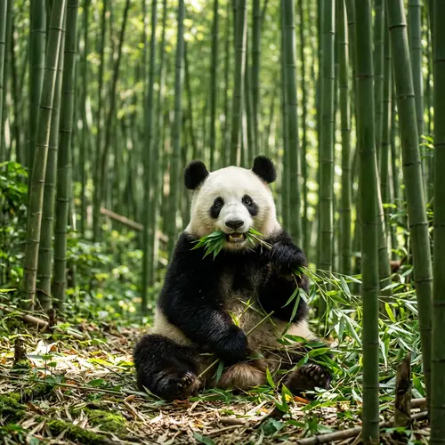 Playful Panda Munching Bamboo in Lush Forest | Wildlife Scene