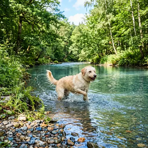 Adorable Mixed Breed Dog Playing by Tranquil River