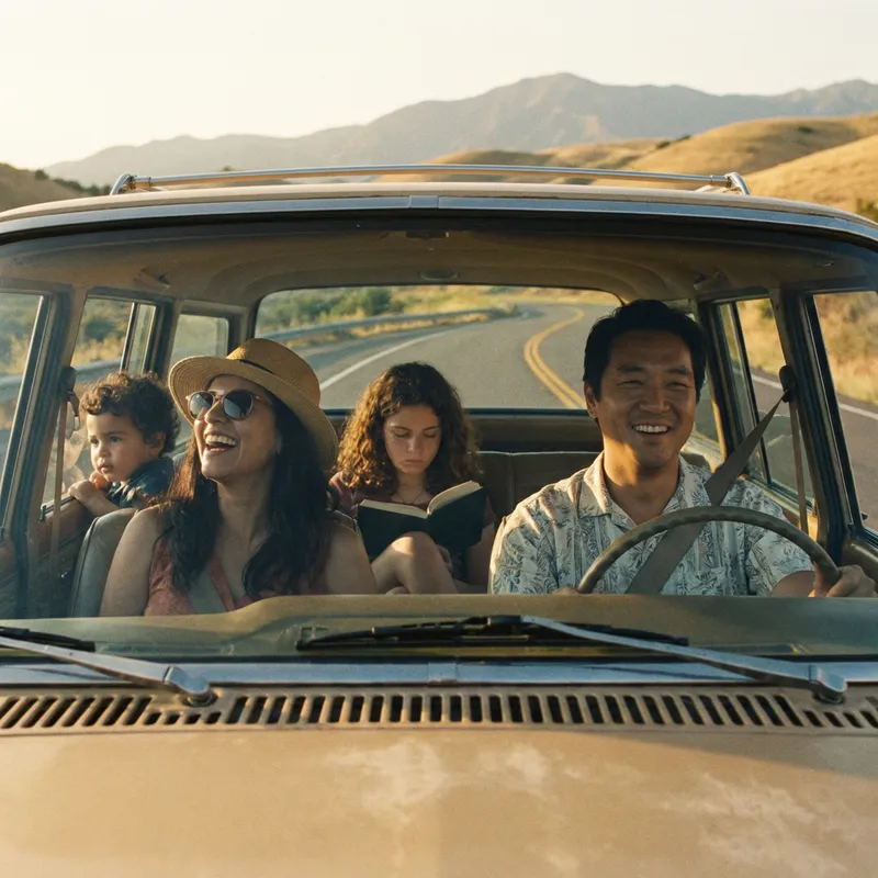 Cinematic Family Road Trip: Joyful Journey on Open Highway