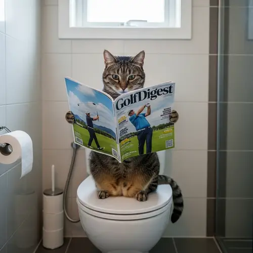 Cat on Toilet Reading Golf Magazine