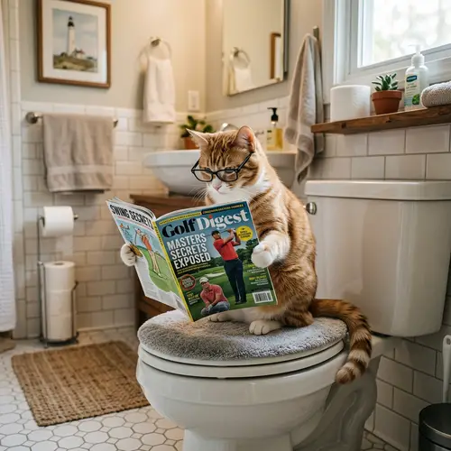 Cat on Toilet Reading Golf Magazine