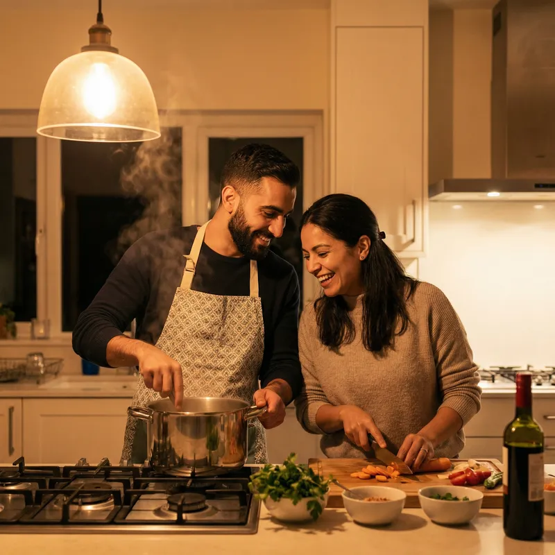 Romantic Evening Cooking Scene with Diverse Couple