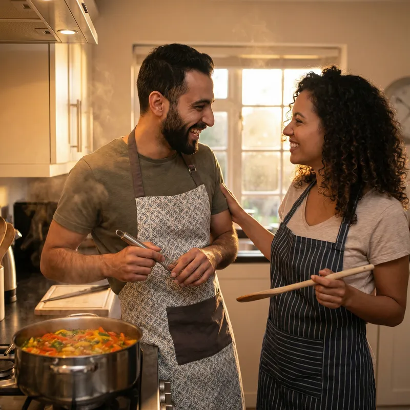 Romantic Cooking Scene: Couple Cooking Together in Evening Glow