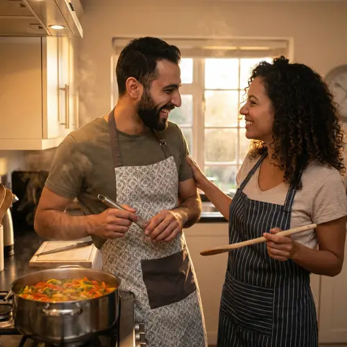 Romantic Cooking Scene: Middle-Eastern Man & Hispanic Woman