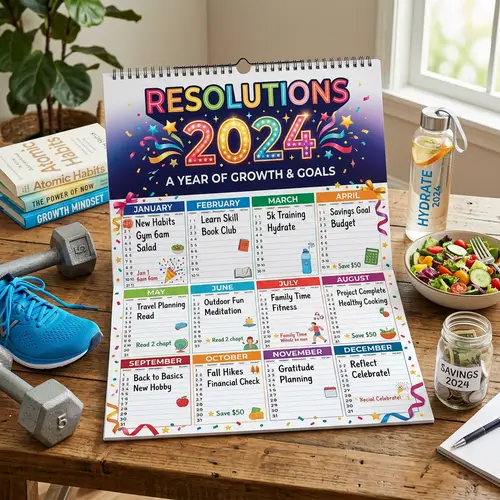 Resolutions 2024 Calendar with Personal Goals | Symbolic Items