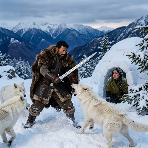 Brave South Asian Warrior Battling Snow Wild Animals for Rescuing his Lover