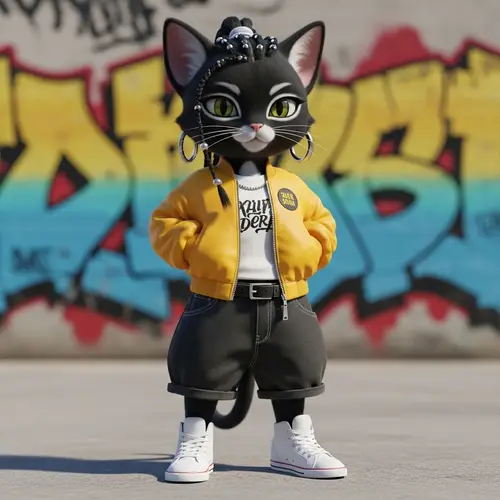 Hip Hop Female Kitten in Retro Style - 3D Art