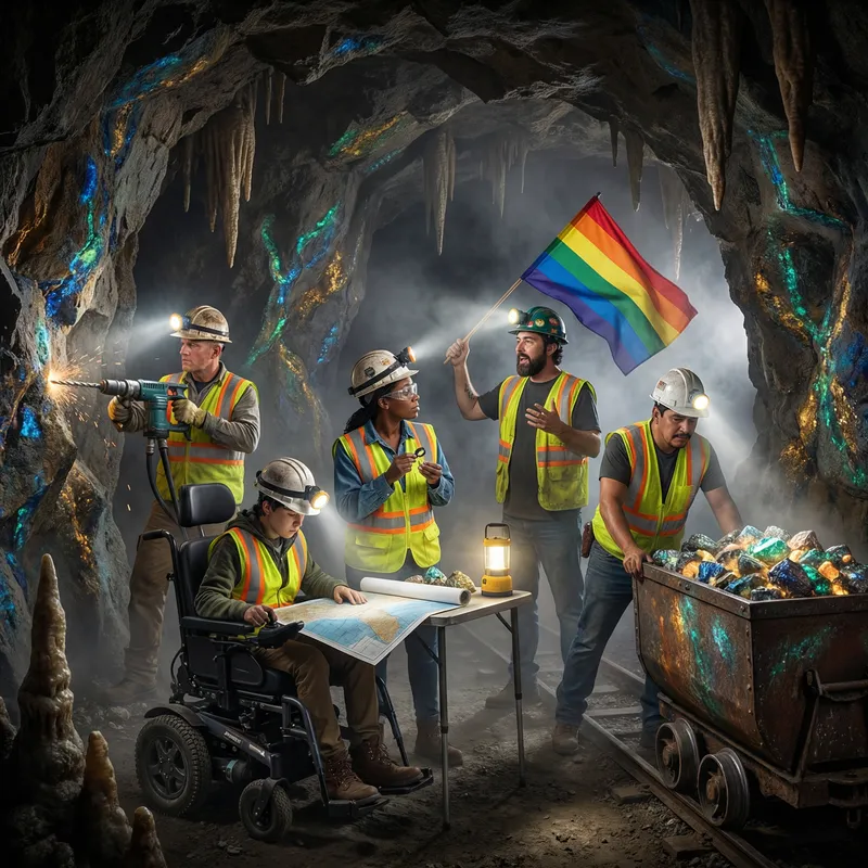 Celebratory Miner Scene: Diverse Workers and Colorful Minerals Celebratory Miner Scene: Diverse Workers and Colorful Minerals