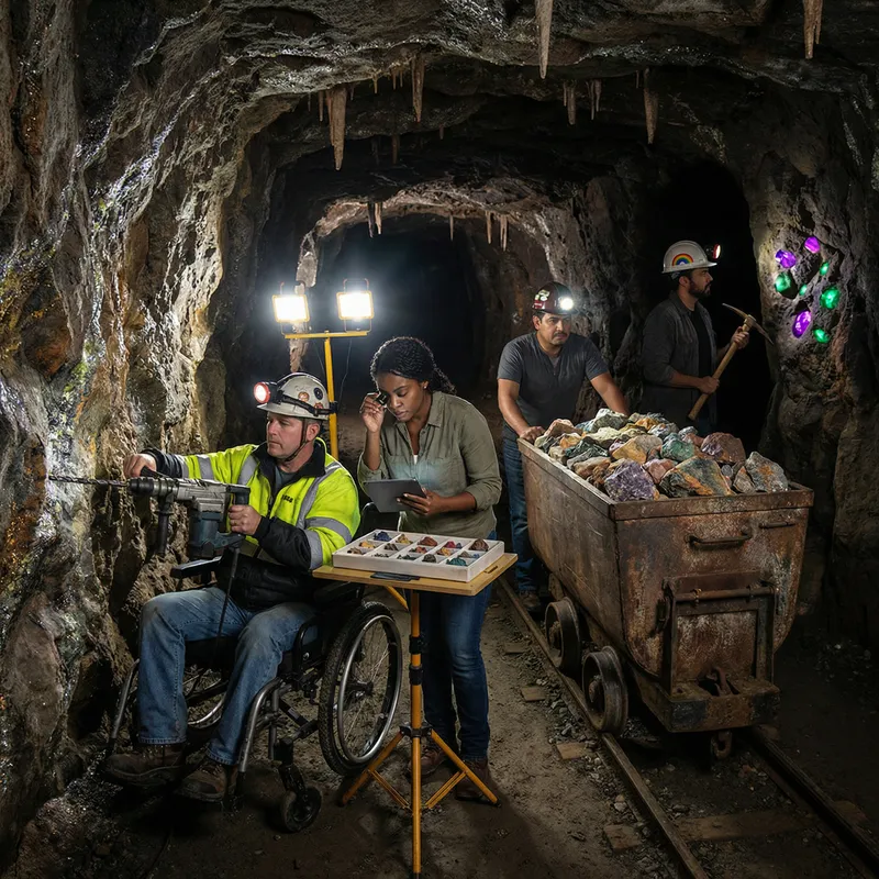 Diverse Underground Mining Scene with Sparkling Ores