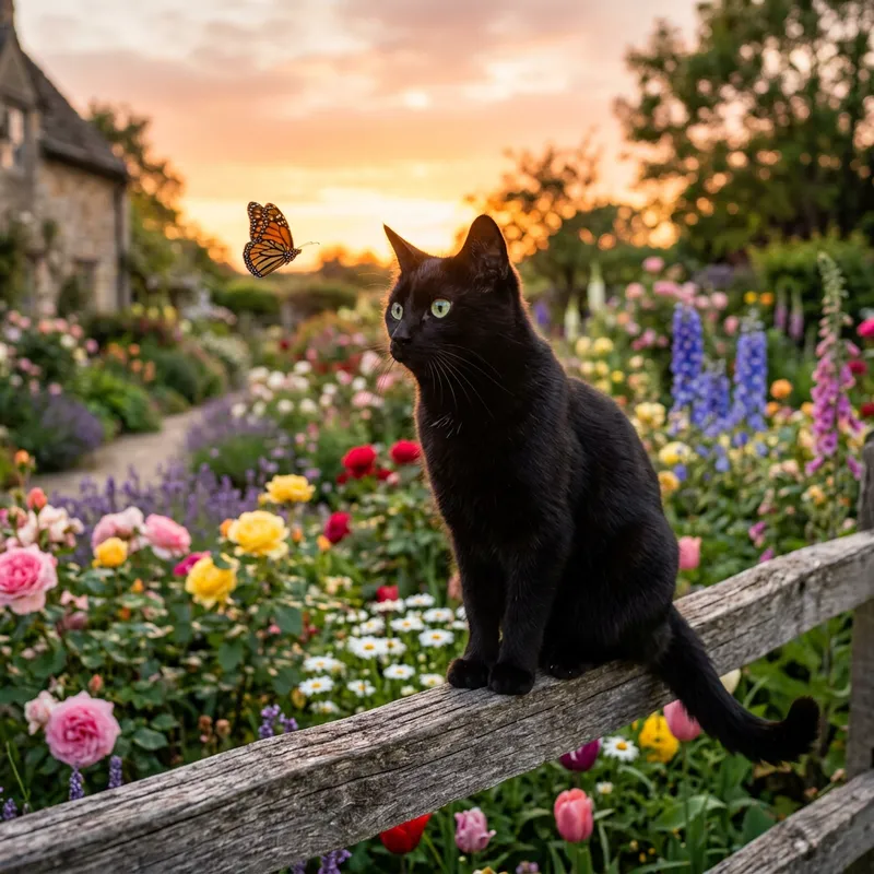 Enchanting Black Cat in Flower Garden at Sunset Enchanting Black Cat in Flower Garden at Sunset