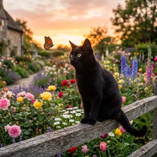 Black Cat on Wooden Fence Surrounded by Blooming Garden