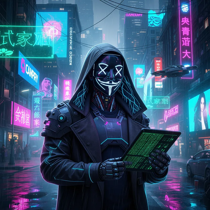 Cyberpunk Neonlight Man in Cybersecure Anonymity