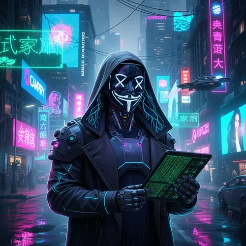 Cyberpunk Neonlight Man in Cybersecure Anonymity