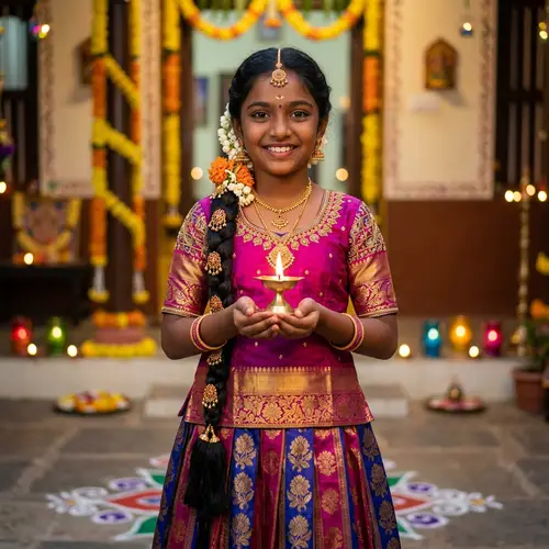 Beautiful Tamil Girl in Pattu Pavadai with Diya | Traditional Attire