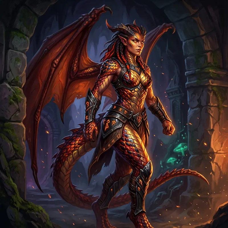 Majestic Dragon-Woman - Fiery Strength & Beauty in Fantasy Art