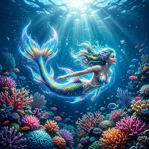 Ethereal Fantasy-Inspired Mermaid Gracefully Maneuvering Underwater