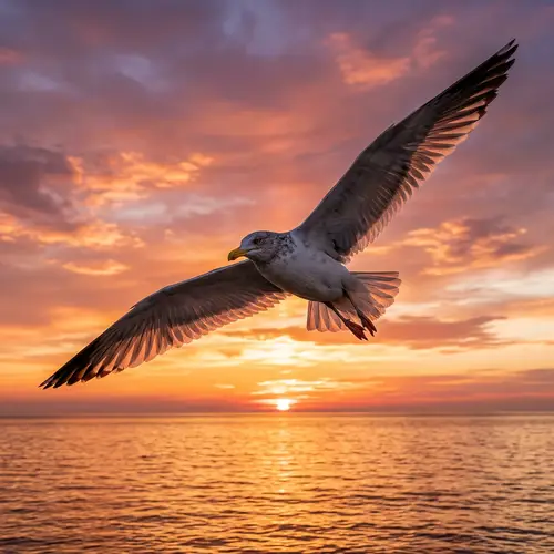 Majestic Seagull Soaring at Sunset | Tranquil Sea View