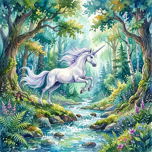 Enchanting Watercolor Painting of a Mystical Forest and a Graceful Unicorn