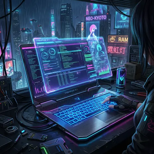 Futuristic Laptop with Holographic Display - Cyberpunk Inspired Design