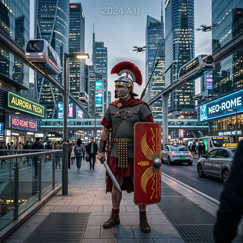 Roman Soldier in Futuristic City: Bridging Past and Future