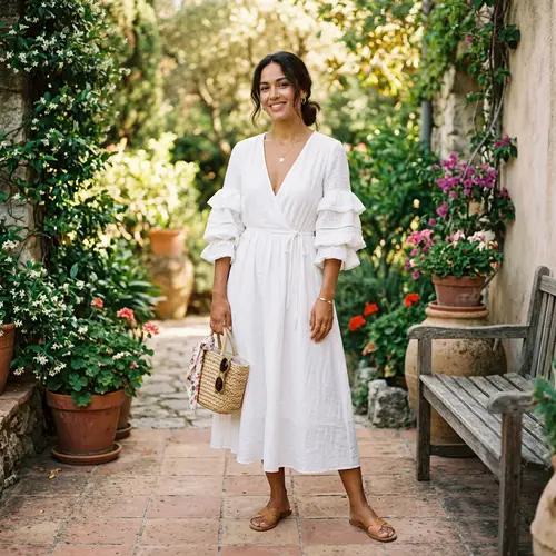 Casual White Dress with Deep V Neck and Ruffled Sleeves