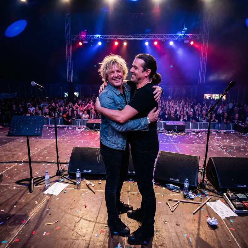 Blond and Dark-Haired Men Share Joyous Hug on Stage After Rock Band's Performance